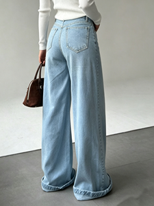 <span class=keywords><strong>Jean</strong></span> pour <span class=keywords><strong>femme</strong></span> délavé clair, taille haute, coupe large, ample, avec ourlet retroussé, style vintage décontracté, longueur pleine, évasé - Product Image 4