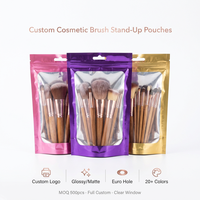 Sachets personnalisés imprimés pour pinceaux de maquillage, avec face transparente brillante, refermables à fermeture éclair, en plastique, avec trou Euro