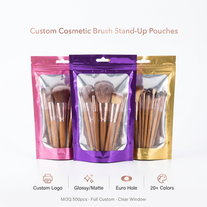 Custom Printed Stand Up Pouches Makeup Cosmetic Brush Glossy Clear Front Resealable Ziplock <b>Plastic</b> <b>Packaging</b> Bag with Euro Hole - Product Image 1
