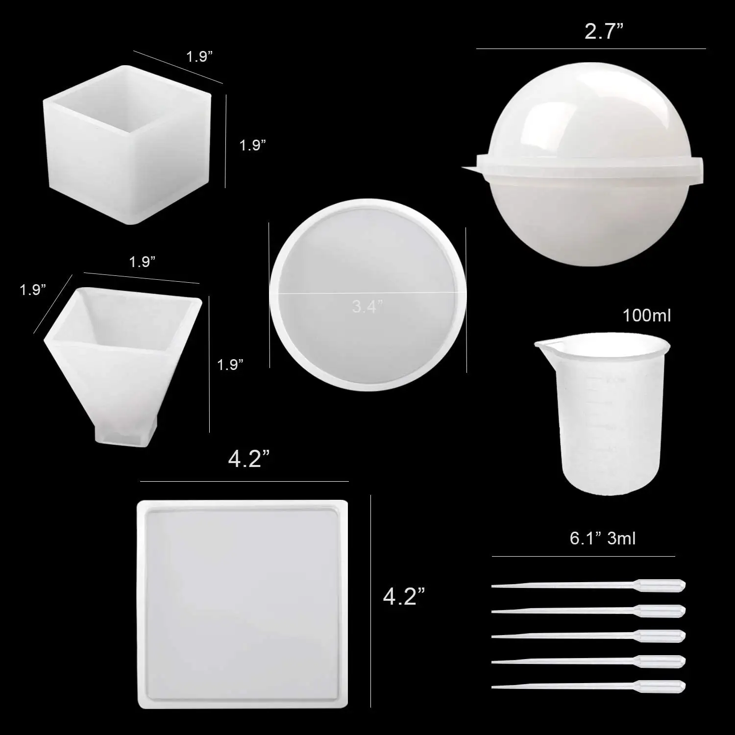 Stampi In Resina di Silicone su misura 5Pcs Colata di Resina Stampi, Tra Cui Sfera, Cubo, Piramide, Quadrato, rotondo con 1 Tazza di Misurazione