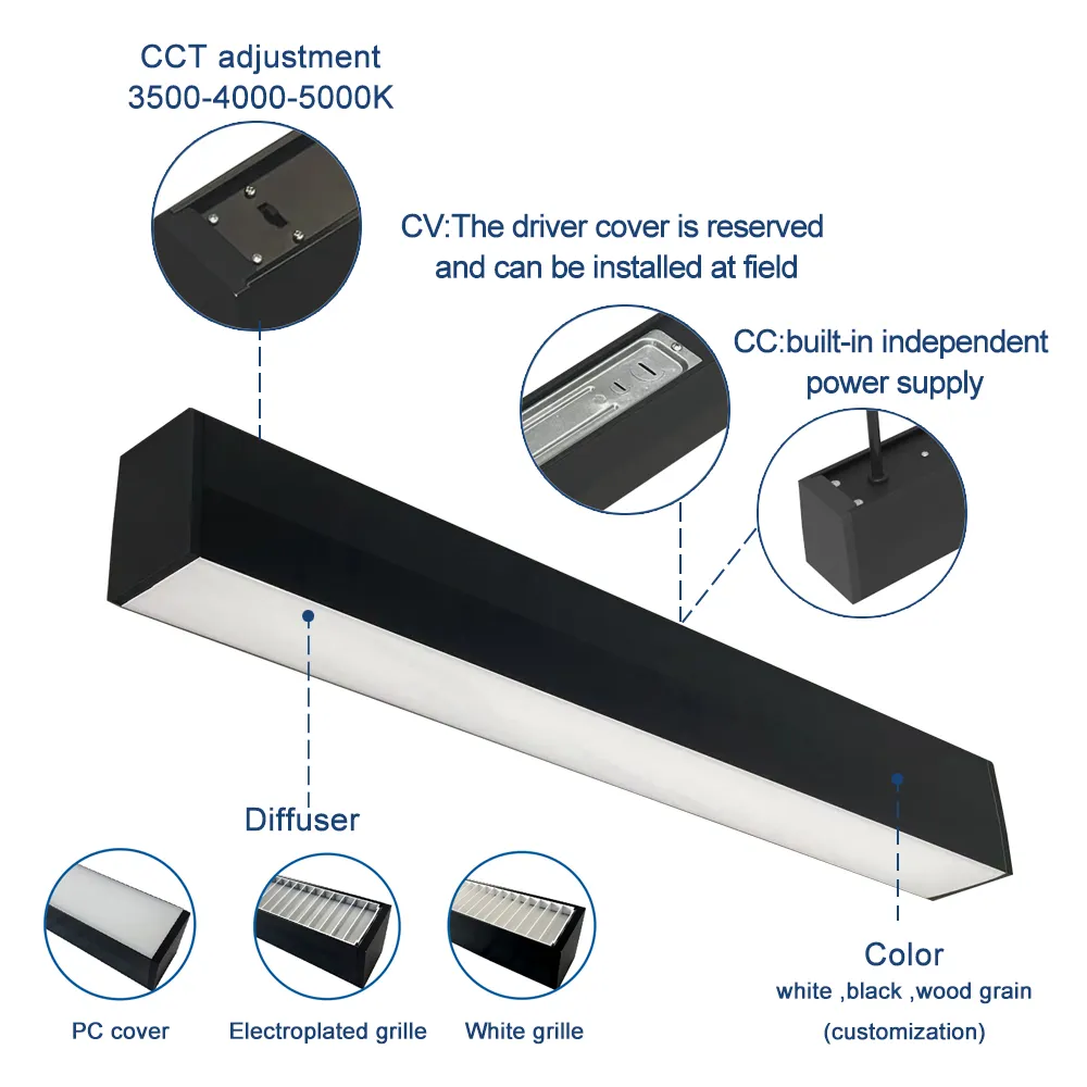 Ensemble de lumière linéaire LED sélectionnable 3000K-6500K CCT certifié ETL & DLC Design rectangulaire avec télécommande pour l'éclairage intérieur