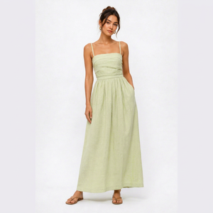 Wholesale Bohemian Simple Pleated Spaghetti Strap Cotton Maxi <b>Dress</b> | Casual Matcha Green Sundress | Elegant Women Beach Resort - Product Image 1