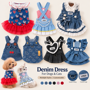 Robe en jean pour chien avec anneau de laisse, salopette pour animal de compagnie, jupe pour chat, dentelle, perles, tulle, nœud cerise, vêtements d'été pour petit chiot - Product Image 1