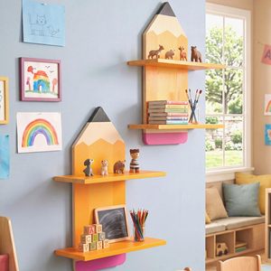 Pencil Shaped Wooden Wall <b>Shelf</b> For Kids Room Storage Organizer With Two Layers Durable Solid Wood Mounting - Product Image 1