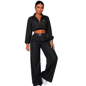 Conjunto Casual de Dos Piezas para Mujer, Top Corto de Manga Larga con Bolsillo, Pantalones de Color Sólido de Poliéster y Algodón, Atuendo para Uso Diario - Product Image 3