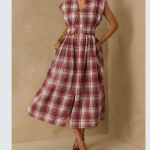 Vestido Midi Casual Vintage con Cuello en V y Lazos para Mujer, sin Mangas, Estilo Imperio, a Cuadros y con Encaje - Product Image 1