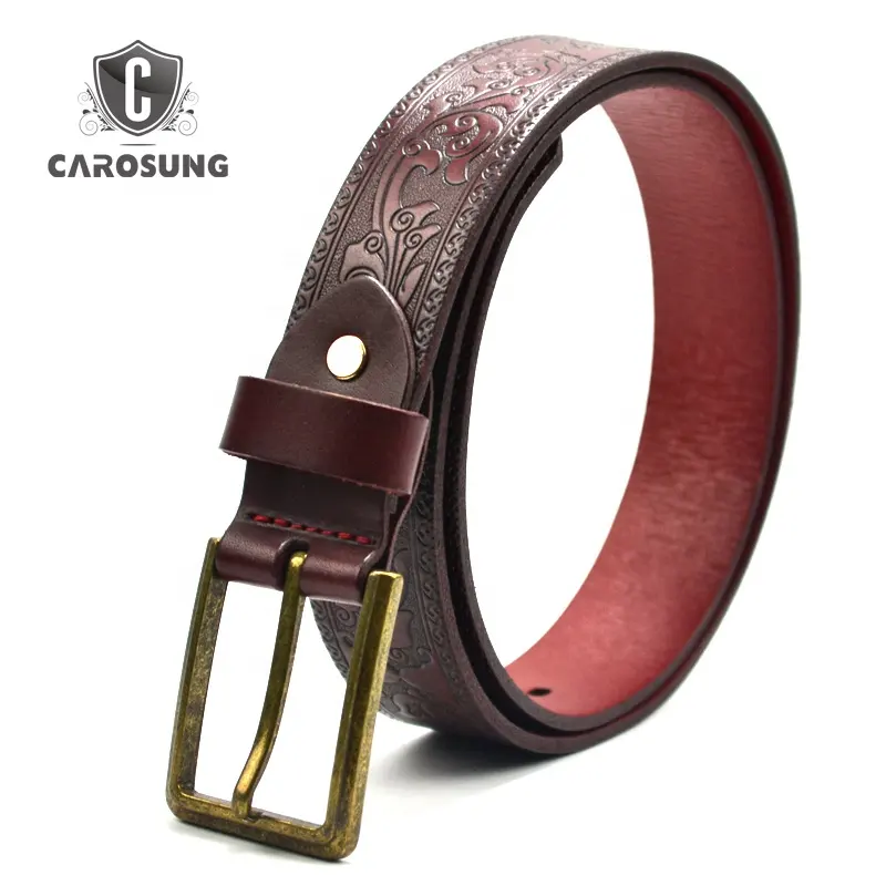 Carosung Custom Antiek Messing Gesp Rood Hoge Kwaliteit Koe Echt Lederen Materiaal Reliëf Lederen Riemen