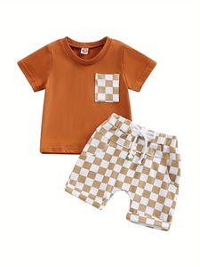 OEM ODM Ensemble de vêtements de sport pour enfants, polo à manches courtes pour garçon et fille + pantalon à <span class=keywords><strong>carreaux</strong></span> pour l'été - Product Image 3