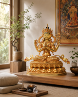 Statue bouddhiste Avalokiteshvara à quatre bras en cuivre plaqué or, faite à la main, gravée sur mesure, pour temple, religieuse, directement de l'usine