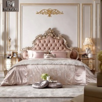 Lit de Luxe Français en Cuir Véritable Sculpté Or, Cadre en Bois Massif avec Sommier à Lattes Silencieuses, Ensemble de Chambre Parentale Style Cour