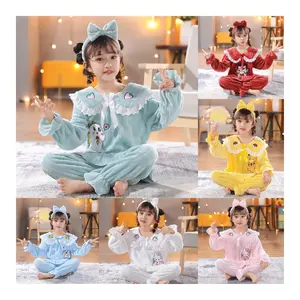 Children's winter flannel pajamas thickened long-sleeved coral velvet medium and large children's cute girl baby home clothes