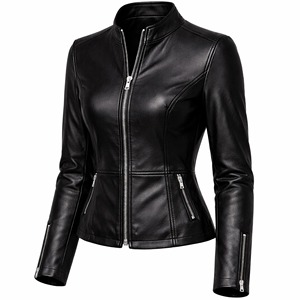 Blouson moto noir en cuir véritable brodé extensible pour femme, manches longues, col montant, fermeture éclair, coupe ajustée, idéal pour l'automne - Product Image 3