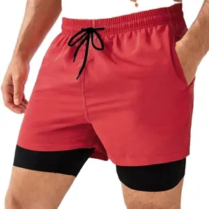 High Quality Solid Red Custom Blank Summer Polyester Spandex Men Color block Phone Pocket Drawstring Waist 2 in 1 Swim Trunks