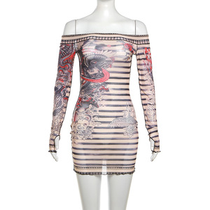 Robes décontractées <span class=keywords><strong>sexy</strong></span> pour femmes, mini, à épaules dénudées, imprimées en maille, pour club, soirée, automne et printemps, style unique et tendance - Product Image 2