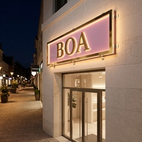 Enseigne murale lumineuse en métal 3D avec logo en relief, cadre doré, fond rose, pour boutique de vêtements, devanture de magasin