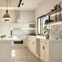 Meubles de cuisine modernes sans poignées, blanc et bois bicolore, armoires de cuisine modulaires européennes en contreplaqué marin pour appartement