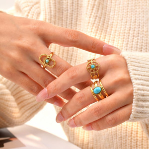 Anillo Nazar <span class=keywords><strong>de</strong></span> Acero Inoxidable 316L con Turquesa y Oro <span class=keywords><strong>de</strong></span> 18K para Mujer, Protección Ojo Turco, Ajustable, Abierto, Impermeable, Joyería Boho - Product Image 1