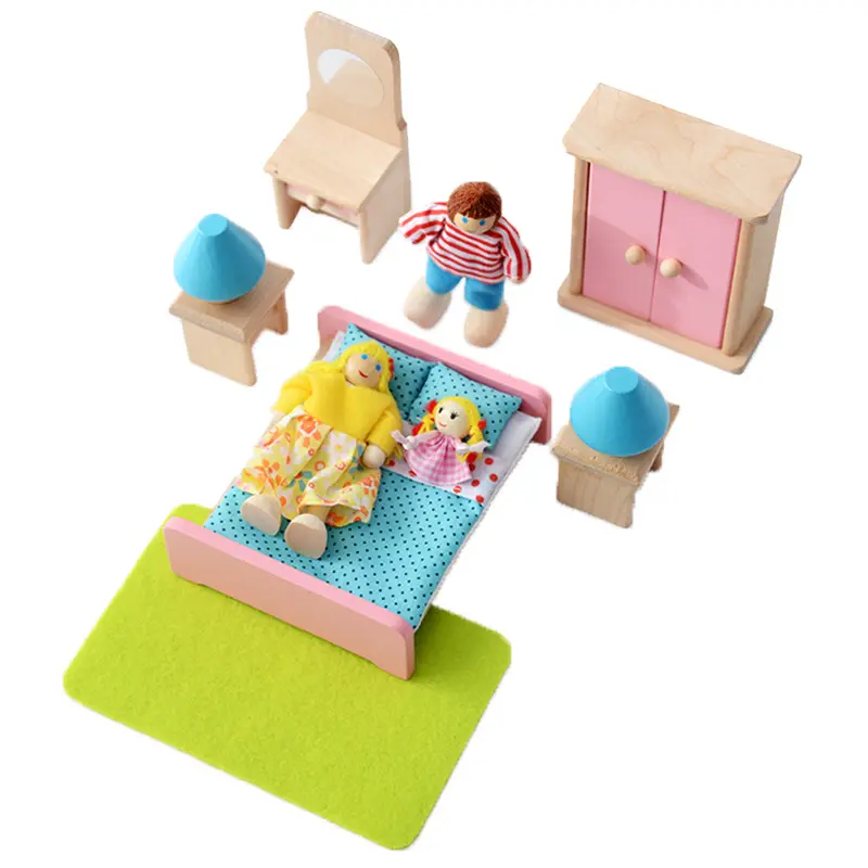 Bathroom Living Room Bedroom Kitchen toys Dollhouse wood dolls for kids