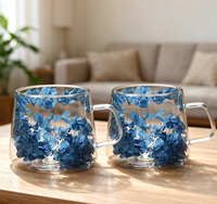 Tasse à café en verre double couche, design artistique moderne, avec fleurs séchées et véritables, effet sable mouvant, haute valeur esthétique