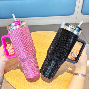Vaso Térmico de 40oz con Pedrería y Asa, Gran Capacidad de 1200ml, Taza de Café Brillante de Acero Inoxidable con Diamantes, Disponible en Stock - Product Image 3