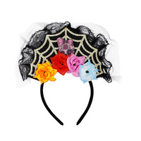 Serre-tête d'Halloween en plastique, motif fantôme, toile d'araignée en dentelle, fleur et crâne, pour fête du Jour des Morts mexicain, fabriqué en Chine
