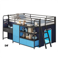 Lit mezzanine double XL pour tout-petits avec bureau, 6 tiroirs, lumières LED, barrière de sécurité, échelle inclinée, rideau de jeu, bleu + noir, structure métallique moderne