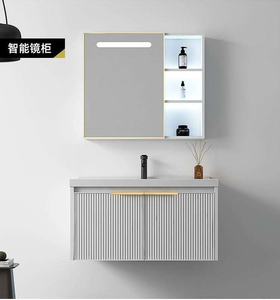 Ensemble <span class=keywords><strong>de</strong></span> <span class=keywords><strong>meuble</strong></span>-lavabo mural <span class=keywords><strong>de</strong></span> <span class=keywords><strong>salle</strong></span> <span class=keywords><strong>de</strong></span> <span class=keywords><strong>bain</strong></span> moderne <span class=keywords><strong>de</strong></span> luxe personnalisé en noir cannelé avec poignée dorée, armoire miroir et lavabo en céramique - Product Image 4