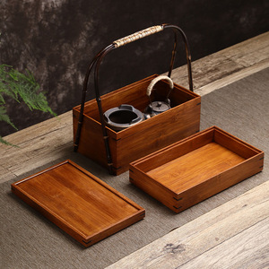 Bamboo double-layer pastry <b>box</b>, lacquered tea <b>box</b>, outdoor portable multi-layer food <b>box</b>, tea ceremony accessory storage. - Product Image 4