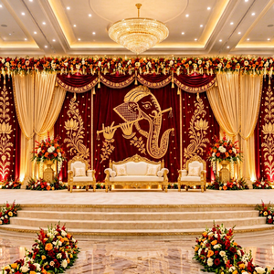 Cortinas de Fondo Bordadas con Ganesha para Bodas Hindúes Tradicionales, Compre Increíbles Cortinas de Fondo para Escenarios de Sangeet, Decoración para Eventos en EE. UU. - Product Image 1