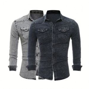 <span class=keywords><strong>Camicia</strong></span> di <span class=keywords><strong>Jeans</strong></span> di moda da uomo in cotone con vestibilità Slim a maniche lunghe eleganti camicie da Cowboy lavate grigie top - Product Image 1