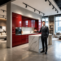 Meubles de cuisine modernes sur mesure en bois laqué rouge brillant, cuisine modulaire avec îlot en marbre et évier