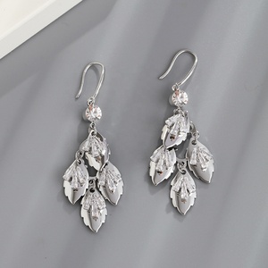 Vintage 18K Gold Metal Leaf CZ Zircon Diamond Dangle Earrings for Women <strong>Huggie</strong> Style with Hook Shape Exaggerated Dangle Design - Product Image 4