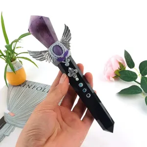 Donghai Customized Magic Wands amethyhst and black obsidian wand Crystals Healing Stones magic staff for home decor