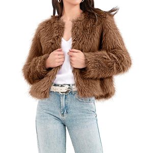 Fisoew Abrigo de piel sintética para mujer, manga larga, corto, con frente abierto, chaqueta corta, ropa de abrigo cálida para invierno - Product Image 5
