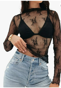Top in Pizzo Floreale <span class=keywords><strong>Trasparente</strong></span> da <span class=keywords><strong>Donna</strong></span>, Manica Lunga, Collo Alto, Top a Strati in Rete, Maglietta Floreale Sexy <span class=keywords><strong>Trasparente</strong></span>, Blusa da Strada - Product Image 5