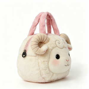 Customized Cream White Sheep Plush Handbag, Fluffy Ram Horn Tote Bag with <b>Pink</b> Fuzzy Handles, Cute Sheep <b>Purse</b> for Kids - Product Image 4