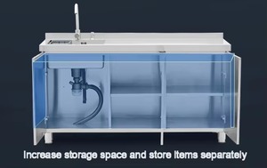Meuble d'évier de cuisine professionnelle en acier inoxydable avec poste de travail intégré, double bac et unité de rangement pour zone de préparation de restaurant - Product Image 5