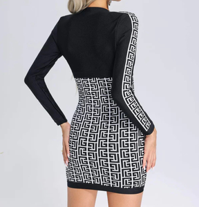 <span class=keywords><strong>Labyrinthe</strong></span> Jacquard Bandage Col en V Robe à glissière sur le devant Robe sexy à manches longues blanche et noire pour club de fête - Product Image 2