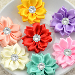 Wholesale Hand-Swen Flower Satin With Sunflower Crystal Rhinestone 4cm Boho Style Flower for Dress Crafting Supply