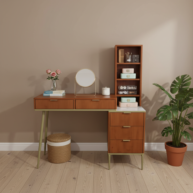 Fluted Wood Panel Modern Makeup Vanity Desk & Table with 5 Drawers & Shelves for Living Room Furniture