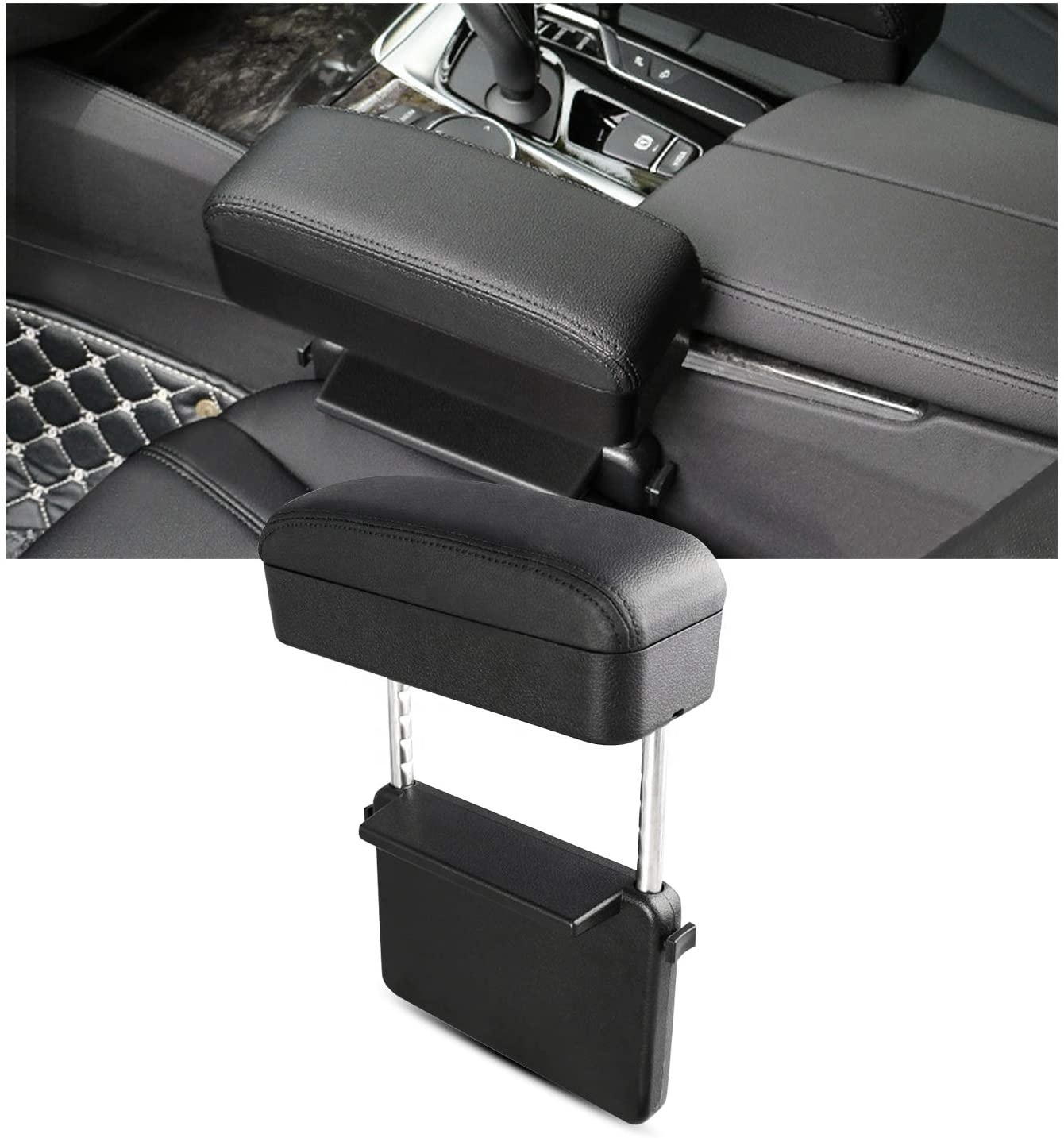 RASNONE Adjustable Car Armrest Extender – Storage Box, Leather Cover, Universal Fit