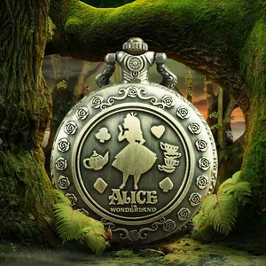 Đồng hồ bỏ túi cổ điển reloj de bolsillo Đồng Alice Wonderland Đồng hồ bỏ túi với mặt dây chuyền vòng cổ thỏ dễ thương