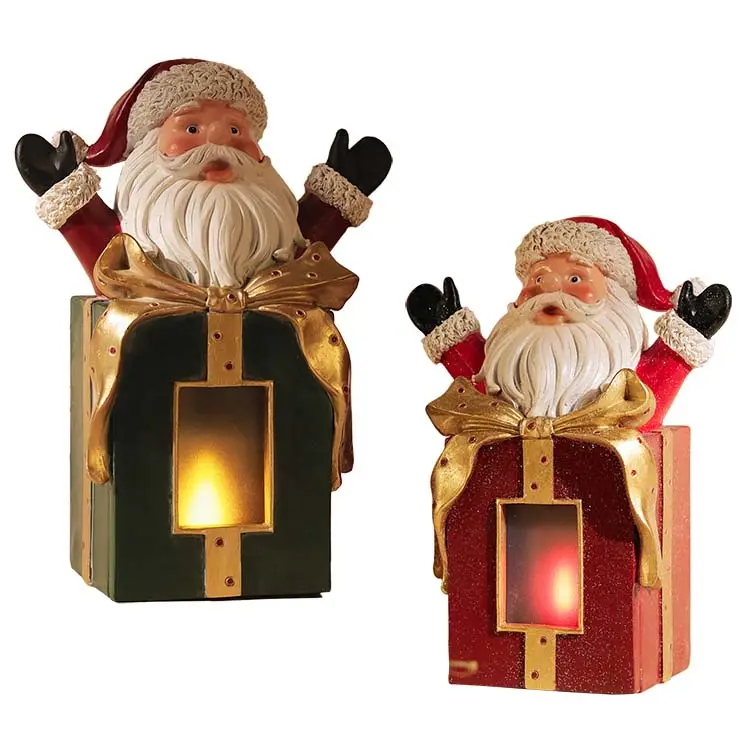 9 inch Christmas decoration Santa Claus Jump out of a gift box figurine home decor with LED Flame Effect light