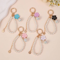 Gantungan Kunci Gelang Mutiara Modis dengan Pesona Bunga Enamel, Manik Kristal, Cincin Kunci Emas untuk Aksesori Tas Tangan Wanita.