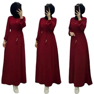 Vestido longo muçulmano elegante, saia de manga comprida com cinto, prendedor de fábrica, abaya palestino