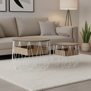 Juego de 2 mesas de centro de metal blanco y madera contrachapada con almacenamiento mediano, muebles de sala de estar de diseño elegante - Product Image 2