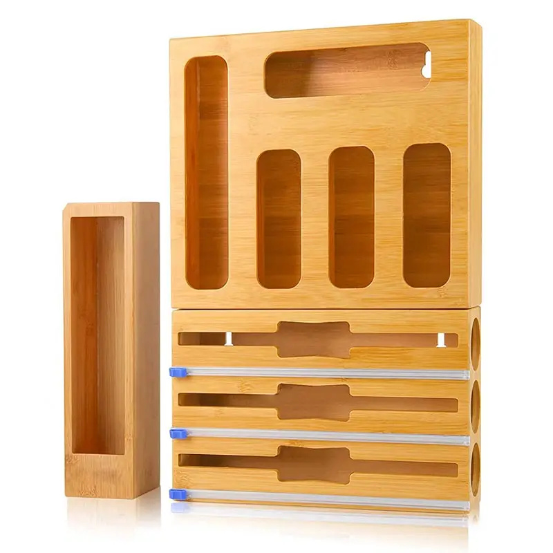 Wholesale Kitchen Drawer Bamboo 9 in 1 Ziplock Bag Storage Organizer and Dispenser with Foil for Gallon
