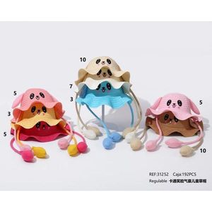 Cappello di paglia con viso sorridente a forma di cartone animato per bambini, con airbag e bordo ondulato, regolabile per la protezione solare estiva dei bambini - Product Image 1