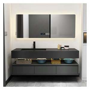 Meuble de salle de bain mural en bois massif laqué foncé au design moderne pour hôtels et appartements - Product Image 4