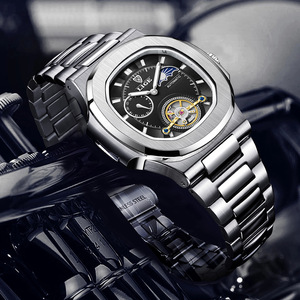 Reloj mecánico LIGE para hombre, correa de acero inoxidable, resistente al agua, 10 bar, plateado y negro - Product Image 3